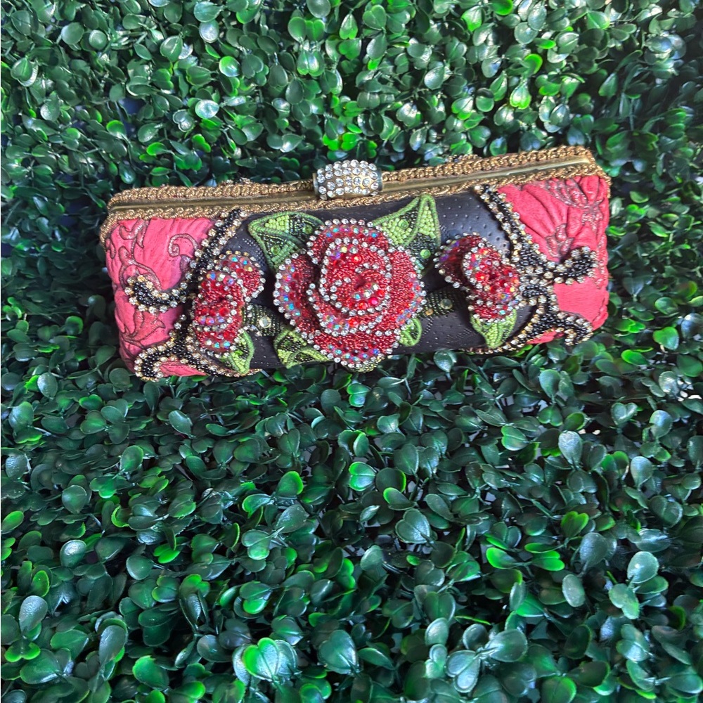 Elegant beaded clutch with beautiful red rose embroidery